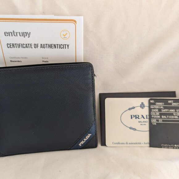 Authentic Navy Prada Bifold Wallet with Original Documents